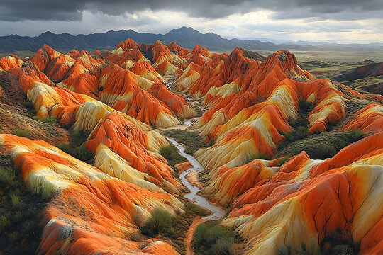 Colorful Zhangye Danxia Landform, China Aerial view of vibrant, striped mountains and winding river under dramatic sky, ideal for travel brochures.