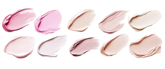 ten smooth swatches of cosmetic product in various shades of pink and beige on a transparent background