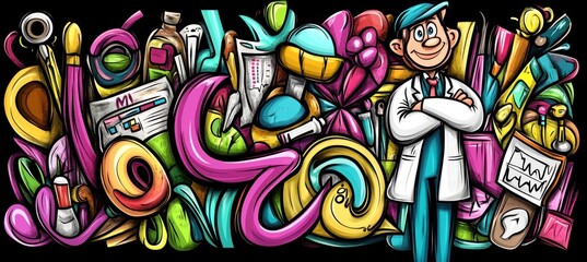 Doctor with medical tools and bright colorful abstract shapes.