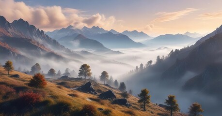 Obraz premium Misty morning in the Dombai Mountains with fog rolling in from the valley , mountains rising up, natural scenery, soft light