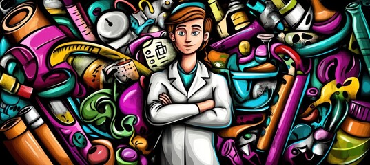 Obraz premium Female scientist with vibrant science supplies background.