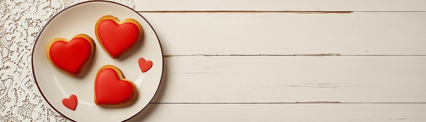Fototapeta premium Heart-shaped cookies on a plate, perfect for celebrations or gifts, set against a light wooden background, evoking a cozy and festive atmosphere.