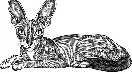 Obraz premium Line art of a cat with large ears lying down.