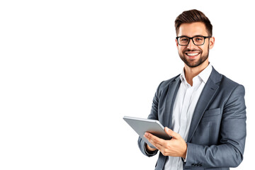 Portrait of a smiling businessman wearing eyeglasses with tablet, business concept
