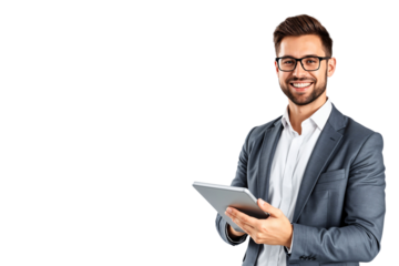 Portrait of a smiling businessman wearing eyeglasses with tablet, business concept