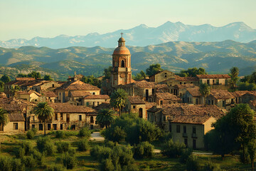 Mountain village church scenic view, historic architecture, travel brochure.