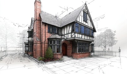 Obraz premium Sketch of red brick tudor house.