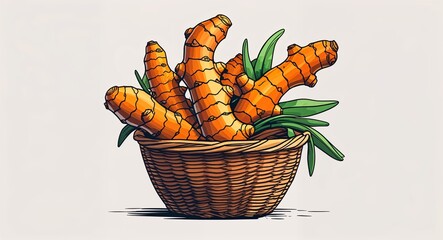Turmeric Root on basket cartoon illustration on plain white background
