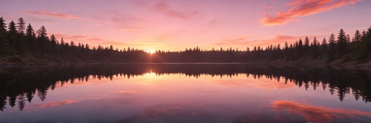 Obraz premium Orange and pink hues of sunset reflected in a calm lake surface, peaceful, calm, breeze