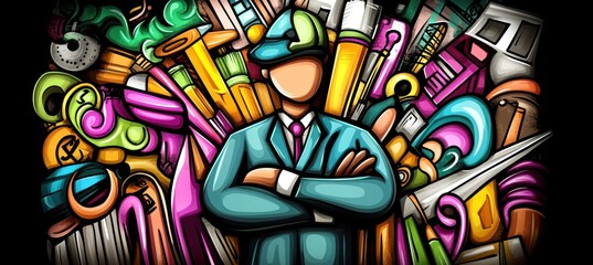 Doodle art of man surrounded by colorful office supply illustrations.