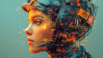 cybernetic AI assistant with glowing digital interfaces, showcasing advanced technology and futuristic design