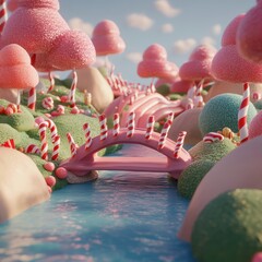Colorful candyland adventure whimsical forest 3d art playful environment scenic viewpoint