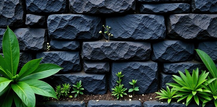 Pared de piedra negra con textura gruesa y sombras de plantas, paisaje, tierra