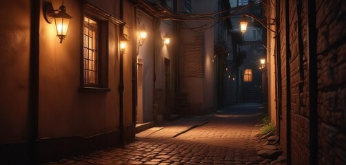 Fototapeta premium Alleyway with a single lantern hanging from the ceiling casting a warm glow, night, solitary light source