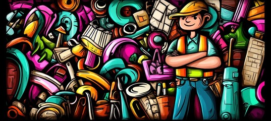 Cartoon builder stands among colorful tools.