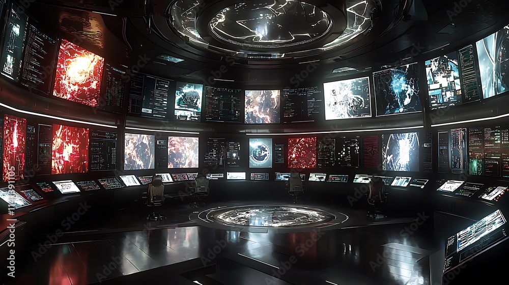 Poster Futuristic control room with multiple screens displaying data and energy pulses.