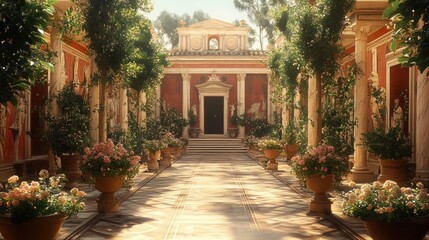 Sunlit Roman-style courtyard, flowers, columns.