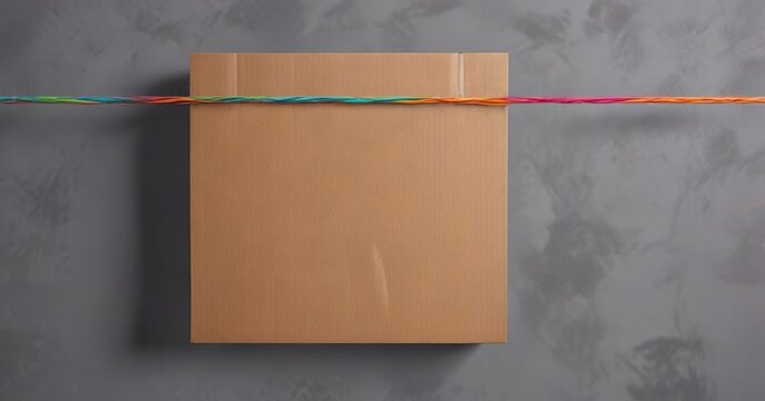 Plain brown cardboard label with colorful string on grey background, shipping, packaging, label