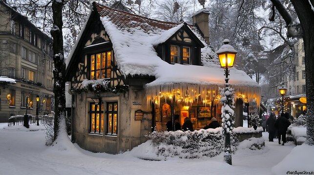 Snowy European Cottage with Icicles and String Lights