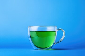 Green tea in a glass cup, isolated on a blue background