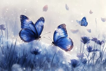 Ice wall with butterflies in the snow, light purple butterfly pattern, frozen grasses and flowers, soft lighting, and tranquil watercolor background.