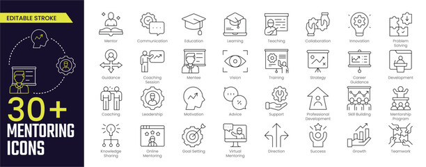 Mentoring Stroke icon collections. Containing Mentor, Communication, Education, Learning, Mentee, Support, Skill Building and Online Mentoring icons. Editable Stroke icon collection Outline icon