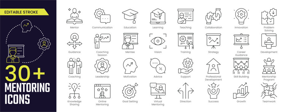 Mentoring Stroke icon collections. Containing Mentor, Communication, Education, Learning, Mentee, Support, Skill Building and Online Mentoring icons. Editable Stroke icon collection Outline icon