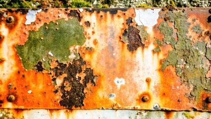 Fototapeta premium Close-up of Rusted Metal with Peeling Paint and Patches of Green