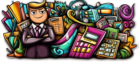 Obraz premium Confident businessman with finance and office items doodle art.