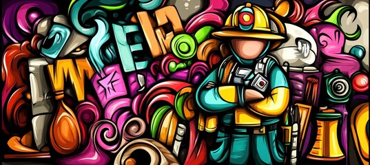 Fototapeta premium Graffiti styled firefighter and objects.
