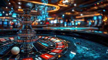 Exquisite Close-Up of a Spinning Roulette Wheel at a Bustling Casino with Bright Lights and Colorful Slot Machines in the Background Capturing the Excitement of Gambling