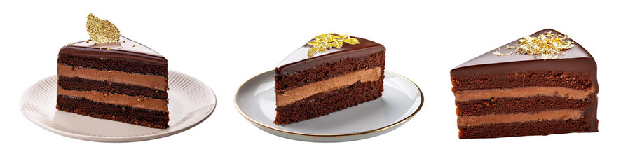 Decadent chocolate cake slices elegantly presented on white plates.