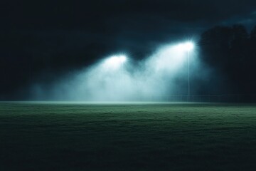 Stadium lights illuminate a foggy field at night.
