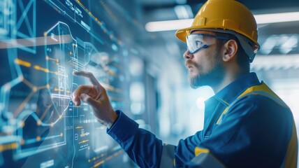 A construction worker interacts with a digital interface, showcasing advanced technology and engineering during a modern construction project.