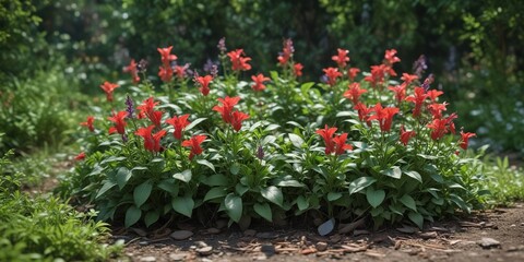 A single red-flowered Campanita Penstemon growing amidst a carpet of green foliage, with a few stray leaves and twigs surrounding it, wildflowers, nature, red flowers