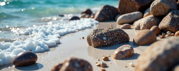 Sea coarse salt scattered around rocks and stones, salt, mineral