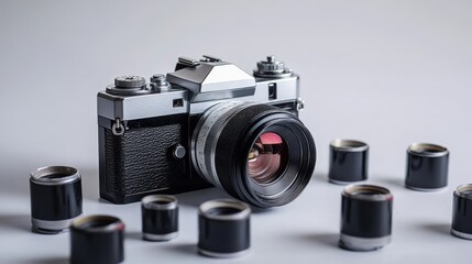 Classic Film Camera Surrounded by Colorful Rolls of Film