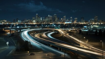 City skyline at night with car light trails on highway.
