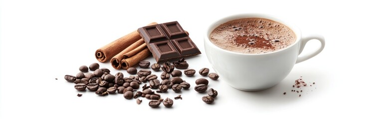 Hot cocoa with chocolate, cinnamon, and coffee beans.