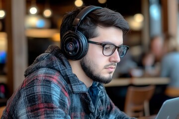 Focused Young Man Wearing Headphones