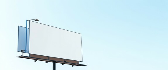 outdoor setting, clear blue sky, white billboard, black metal pole, two black streetlights on top of the billboard, no text or images on the billboard, simple and minim
