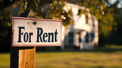 Fototapeta premium For rent sign displayed on a residential building, symbolizing opportunities for new beginnings and the dynamic nature of urban living