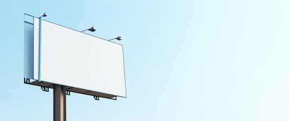 outdoor setting, clear blue sky, white billboard, black metal pole, two black streetlights on top of the billboard, no text or images on the billboard, simple and minim