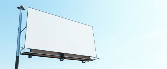 Obraz premium outdoor setting, clear blue sky, white billboard, black metal pole, two black streetlights on top of the billboard, no text or images on the billboard, simple and minim