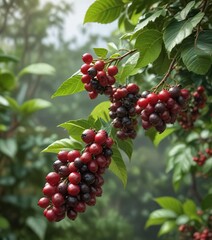 Small coffee berries hanging from branches of a coffee plant bush , coffee beans, coffee fruit, coffee cherries