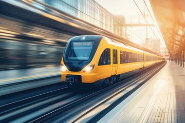 Naklejka premium Yellow train speeds on tracks at platform.