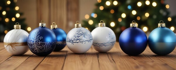 Blue and white Christmas baubles in a row on a wooden table, charm, natural