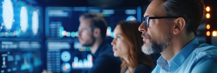 A team of professionals analyzes data on multiple screens, showcasing collaboration and focus in a high-tech environment.