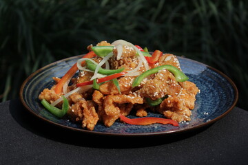 fried chicken skin on the plate natural background