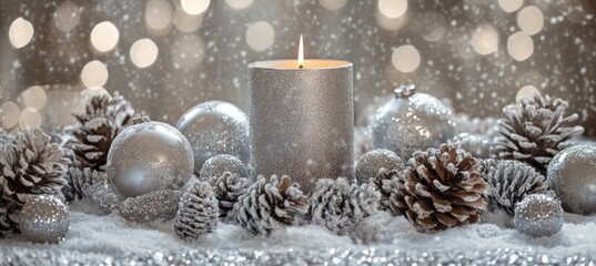 Silver candle and ornaments on snow with bokeh lights.